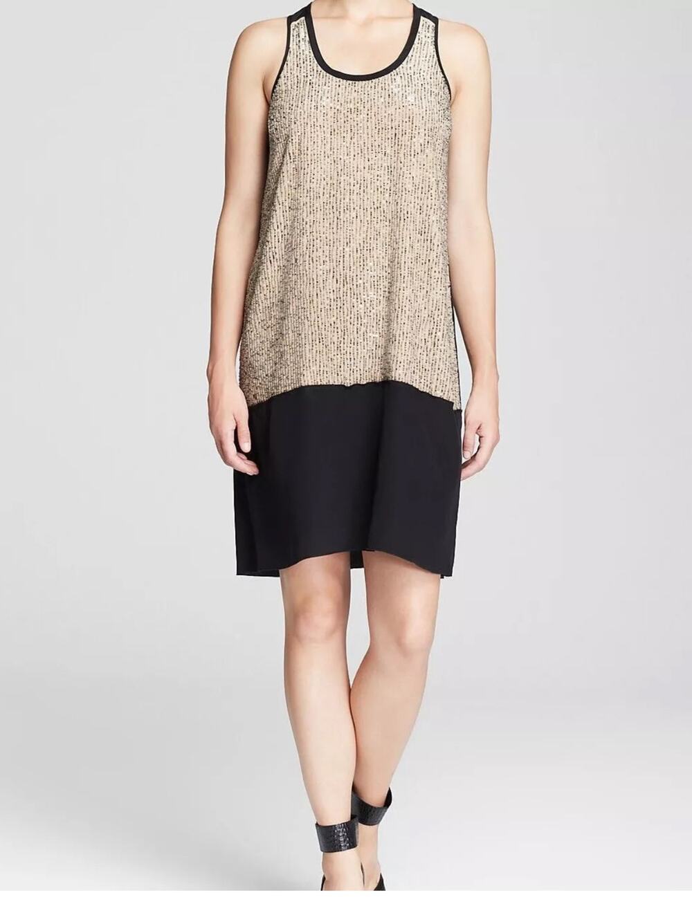 Eileen Fisher XL Silk Sequin Dress Gold Black Rivulet Crepe de Chine